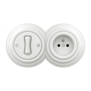 Kliklap - Retro einpoliger Schalter Nr. 1 und 230 V-Steckdose mit Rahmen in schneeweiß