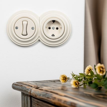 Kliklap - Retro einpoliger Schalter Nr. 1 und SCHUKO-Steckdose 230 V mit Zierrahmen, beige
