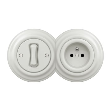 Kliklap - Retro einpoliger Schalter Nr. 1 und Steckdose 230 V mit Rahmen, weiß