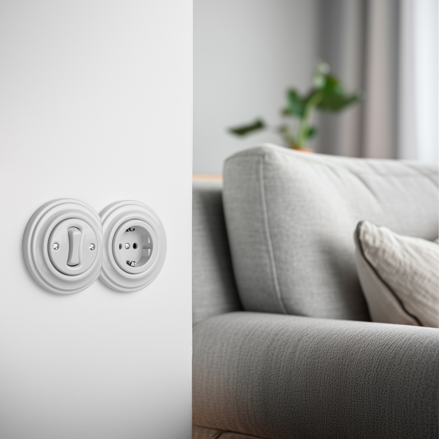 Kliklap – Retro-Einpolschalter Nr. 1 und SCHUKO-Steckdose 230 V mit Rahmen, keramikweiß