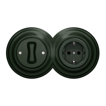 Kliklap - Retro-Einpolschalter Nr. 1 und SCHUKO-Steckdose 230 V mit Rahmen, grün