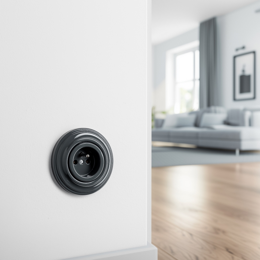 Kliklap - Retro-Haushaltssteckdose mit Rahmen, 230 V, Anthrazit