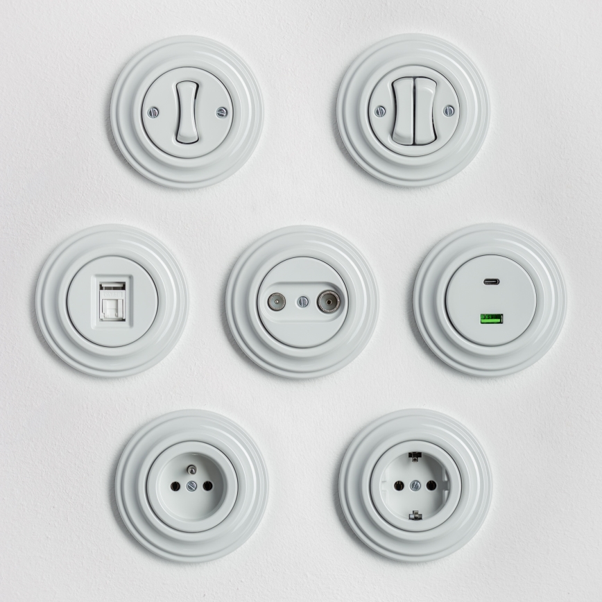 Kliklap - Retro-Netzwerkdose mit Rahmen aus Keramik, weiß