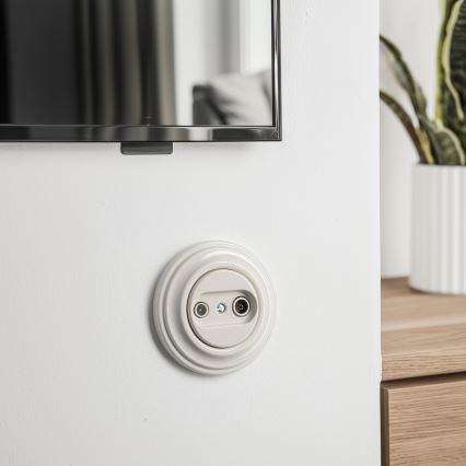 Kliklap - Retro Teilnehmeranschlussdose TV+R (durchgeschliffen) mit Rahmen, beige