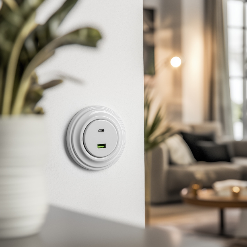 Kliklap - Retro-USB-Steckdose A+C mit Keramikrahmen, weiß