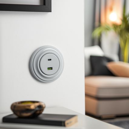 Kliklap - Retro-USB-Steckdose A+C mit Rahmen, grau