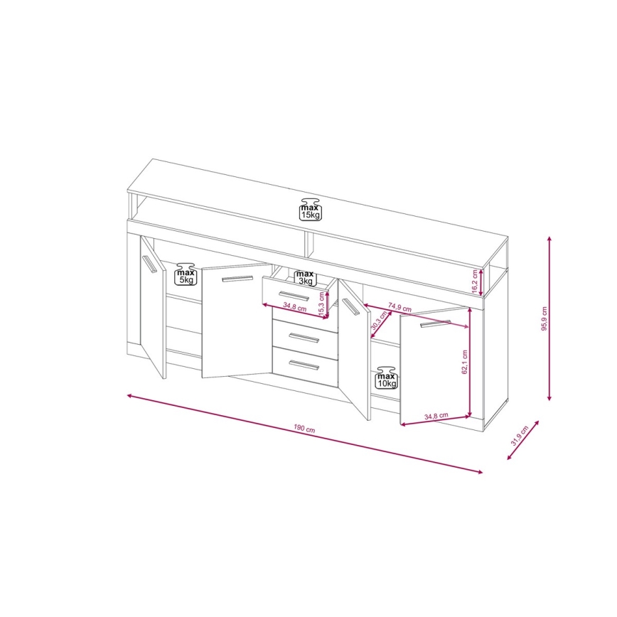 Kommode RUNA 190x96x32 cm dunkelbraun/anthrazit