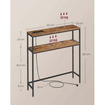 Konsolentisch LUVOR 80 x 20 cm, braun/schwarz, mit integrierten Steckdosen und USB-Anschlüssen