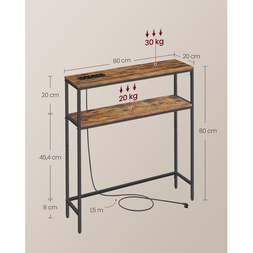 Konsolentisch LUVOR 80 x 20 cm, braun/schwarz, mit integrierten Steckdosen und USB-Anschlüssen