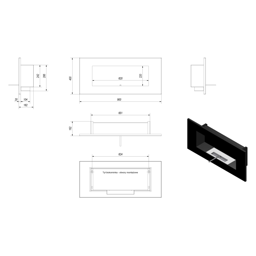 Kratki - BIO-Einbaukamin 40x90 cm 2kW schwarz