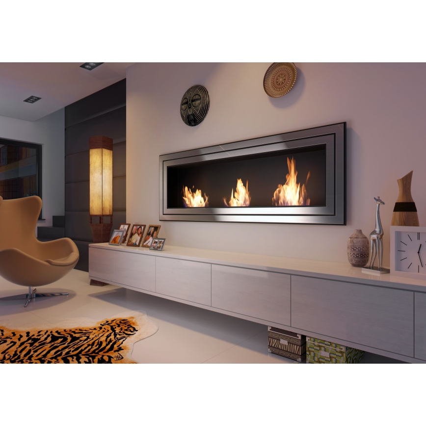 Kratki - BIO-Einbaukamin 65x180 cm 3x2,5kW glänzendes Chrom