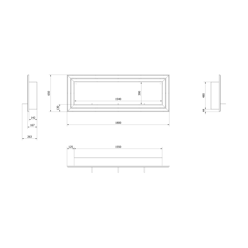 Kratki - BIO-Einbaukamin 65x180 cm 3x2,5kW glänzendes Chrom