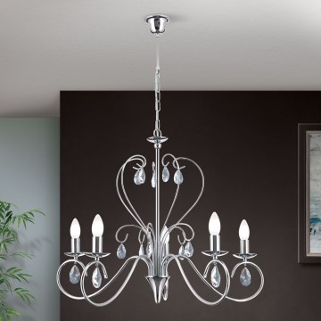Kristall-Kronleuchter an Kette ALESSIA 5xE14/40W/230V glänzendes Chrom