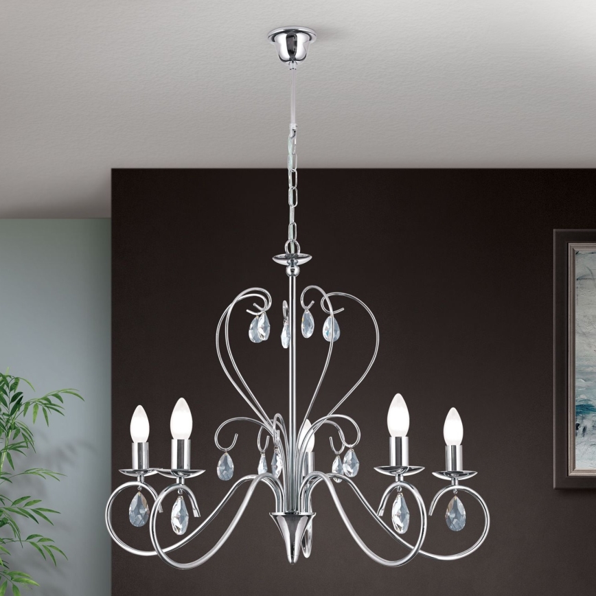 Kristall-Kronleuchter an Kette ALESSIA 5xE14/40W/230V glänzendes Chrom
