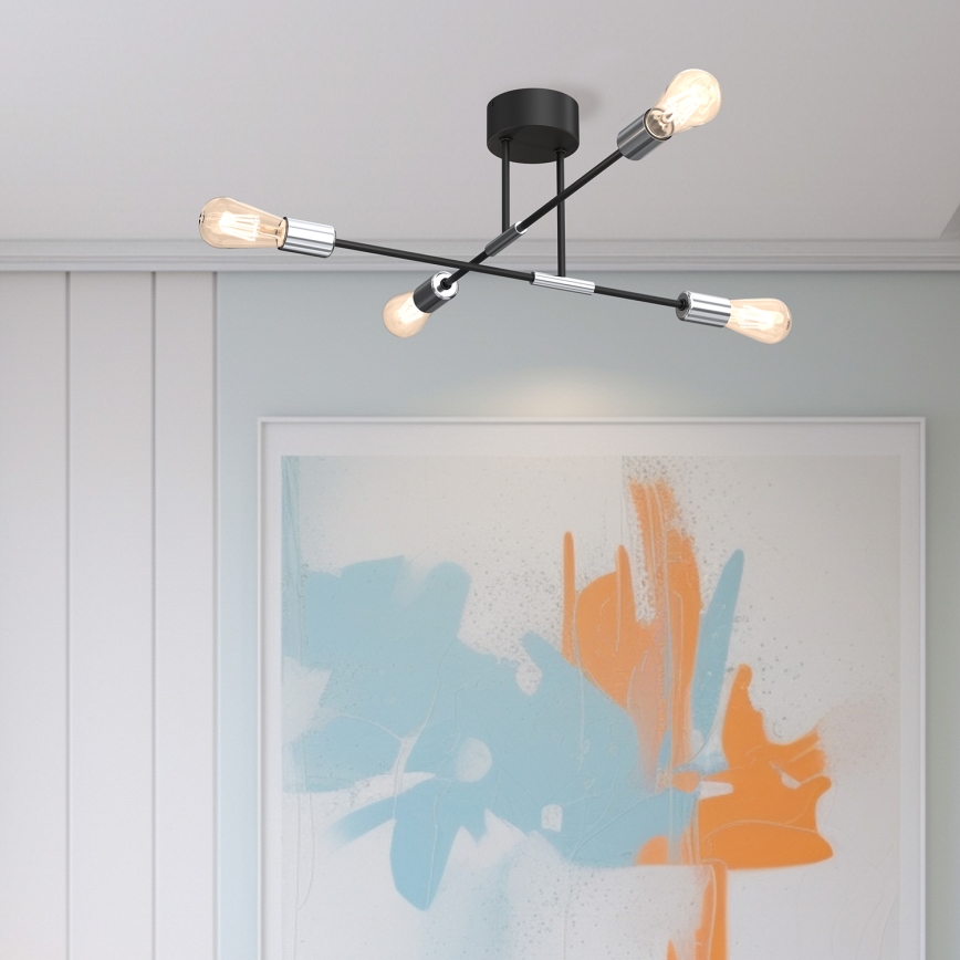Kronleuchter an einer Stange FLAME 4xE27/60W/230V schwarz/chrom glänzend