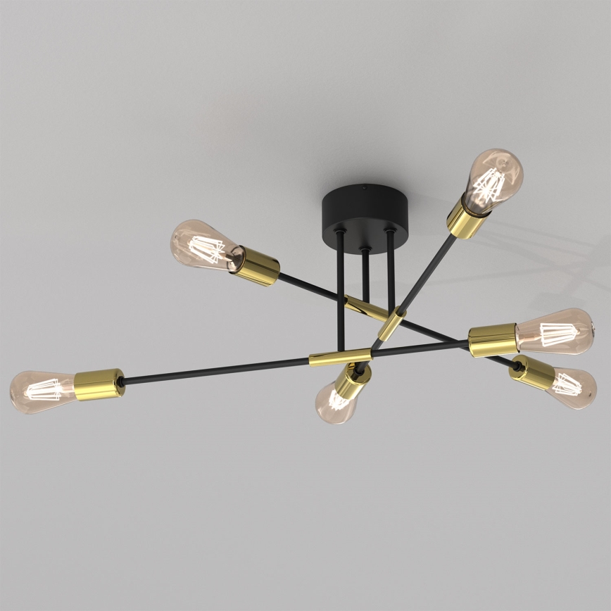 Kronleuchter an einer Stange FLAME 6xE27/60W/230V schwarz/gold