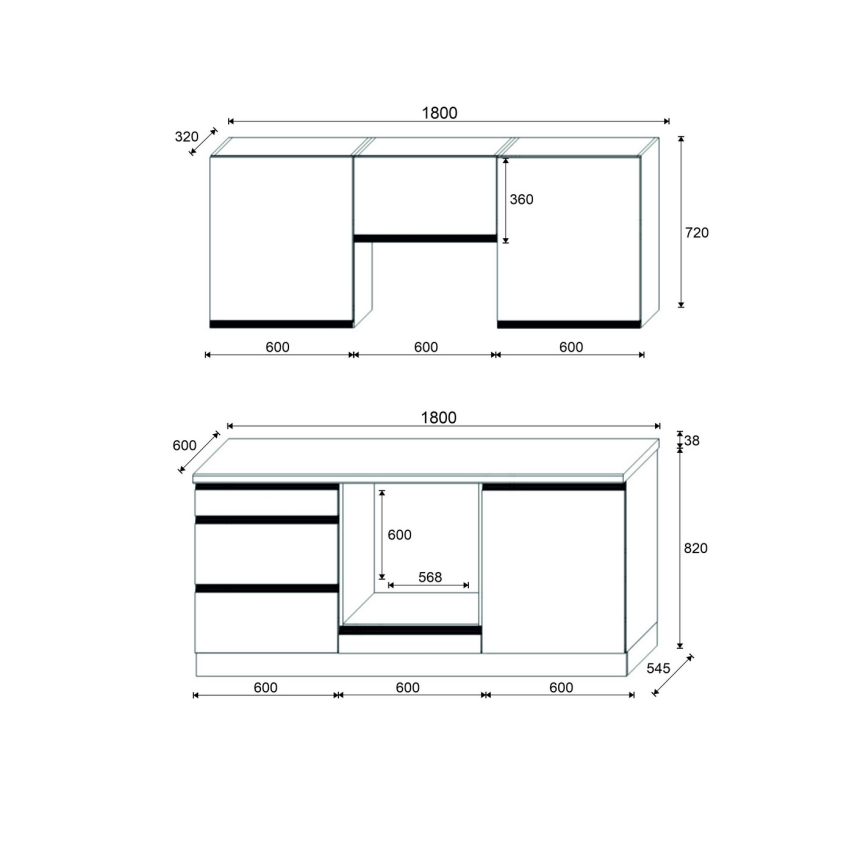 Küchenzeile MARINA 180 cm Craft-Eiche/Weiß Hochglanz