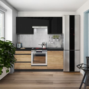 Küchenzeile MARINA 180 cm Eiche Craft / Hochglanz-Schwarz