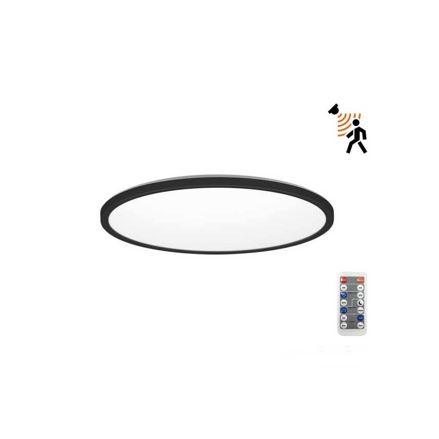 LED Badezimmerleuchte mit Bewegungs- und Dämmerungssensor NIVERA LED/12W/230V IP54 3000/4000/6000K Ø 22,5 cm schwarz + Fernbedienung