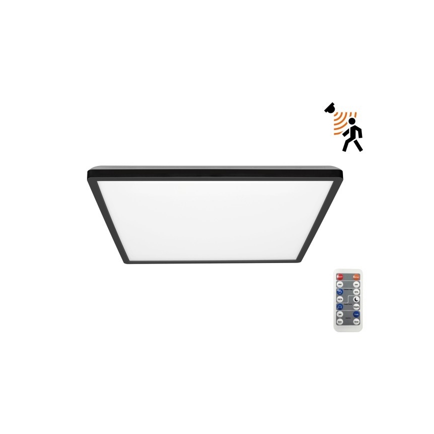 LED Badezimmerleuchte mit Bewegungs- und Dämmerungssensor NIVERA LED/24W/230V IP54 3000/4000/6000K 30x30 cm schwarz + Fernbedienung