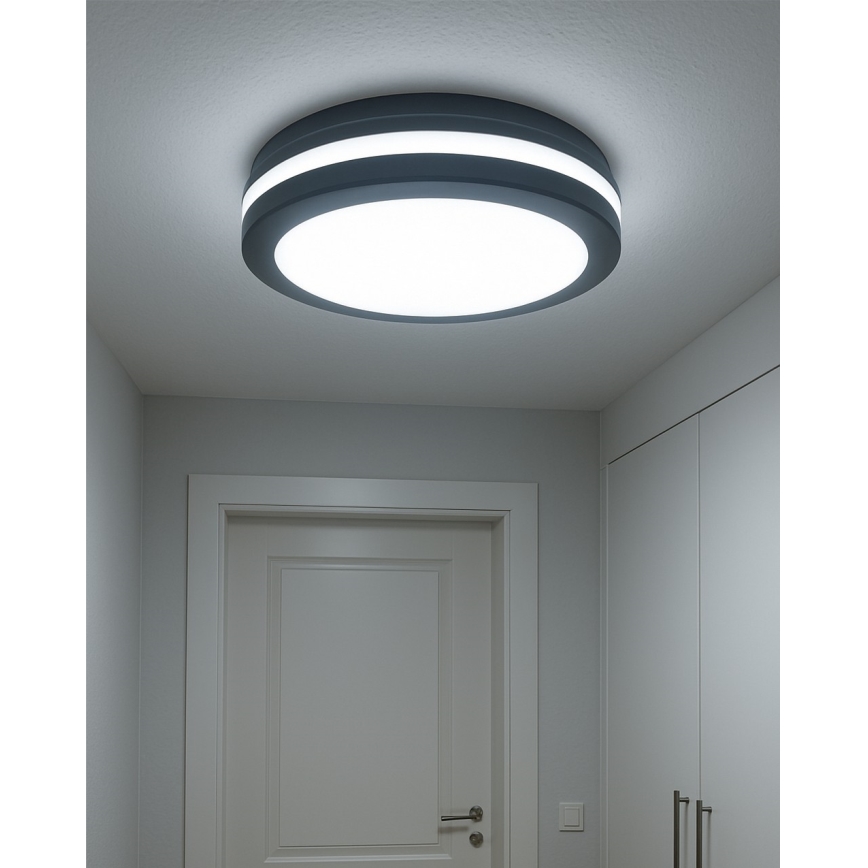 LED-Badezimmer-Deckenleuchte mit Bewegungsmelder – 20 W, 230 V, einstellbare Farbtemperatur (3000/4000/6500 K), Ø 23 cm, IP54, Anthrazit