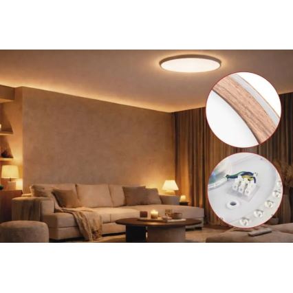 ILVI dimmbare LED-Deckenleuchte, 30 W, 230 V, 2700–6500 K, Ø 40 cm, Holzdekor, inkl. Fernbedienung