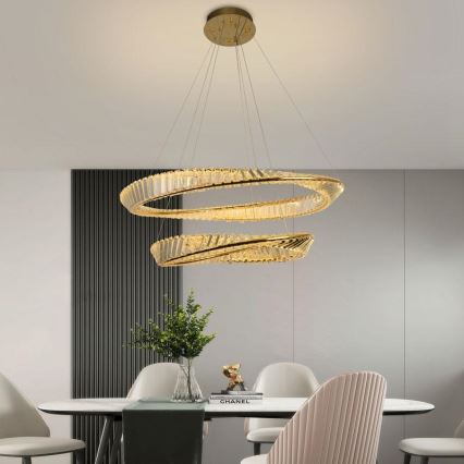LED dimmbarer Kristall-Pendelleuchter an Seil LED/90W/230V 3000-6500K Gold/Chrom + Fernbedienung