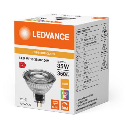 LED dimmbare Reflektorlampe MR16 GU5,3/5,3W/12V 2700K 36° CRI 97 - Ledvance