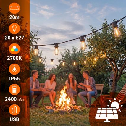 Dimmbare LED-Solar-Dekorations-Lichterkette 20xE27/0,3W/3/5V USB 2400 mAh 20,62 m IP65 schwarz + Fernbedienung