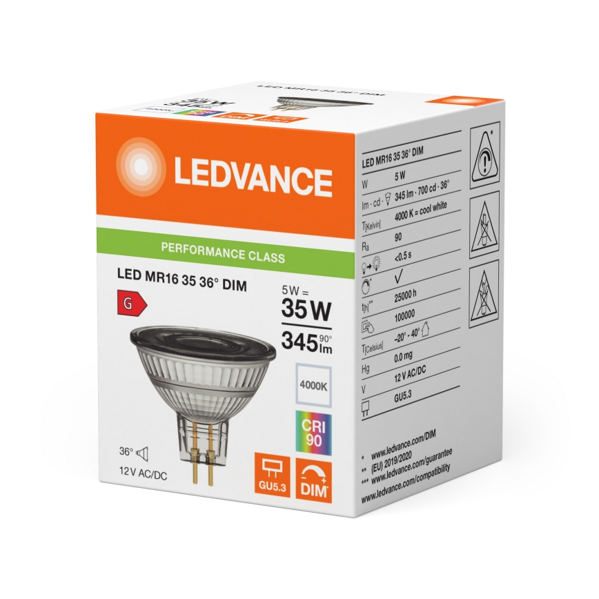 Dimmbare LED-Reflektorlampe MR16 GU5,3/5W/12V 4000K 36° CRI 90 - Ledvance