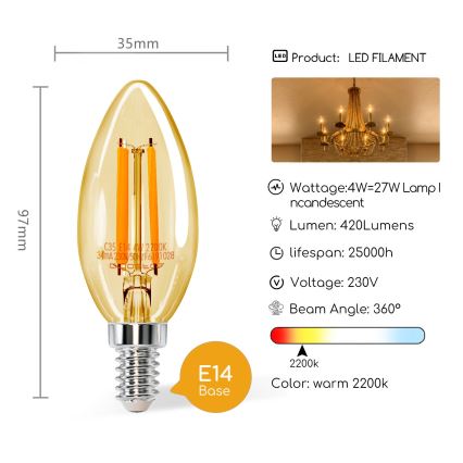 LED Glühbirne C35 E14/4W/230V 2200K - Aigostar