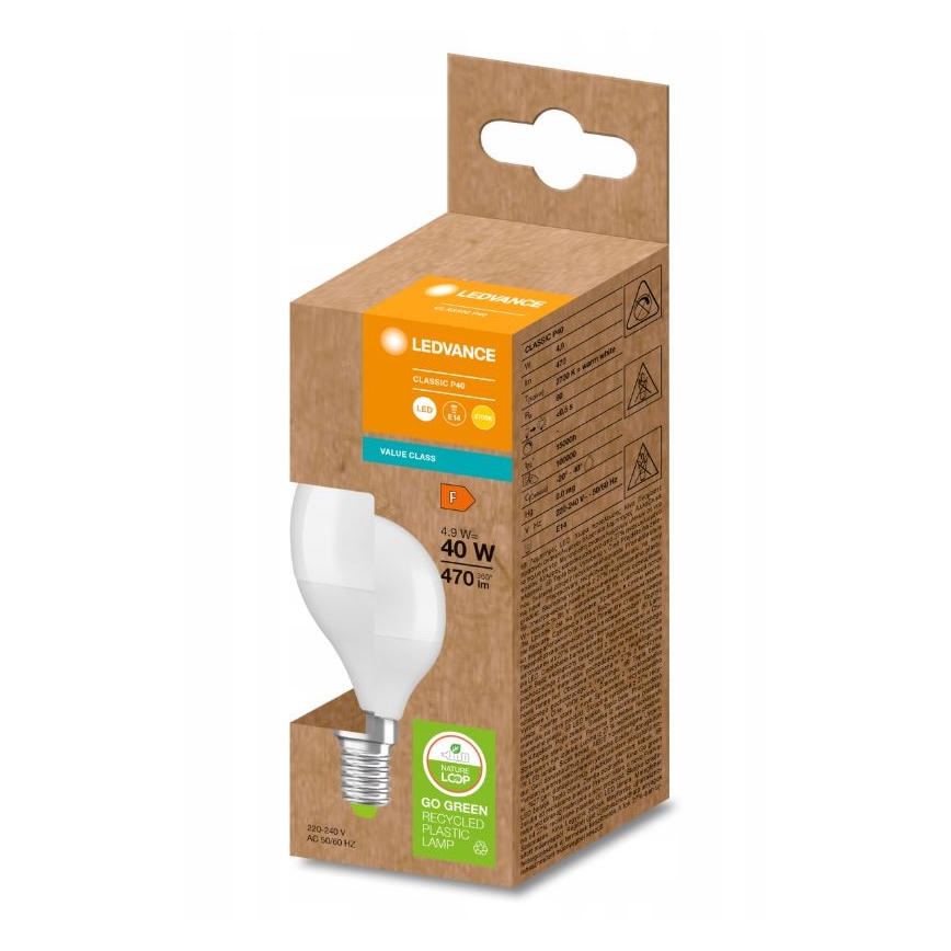 LED-Glühlampe aus recyceltem Kunststoff P45 E14/4,9W/230V 2700K - Ledvance