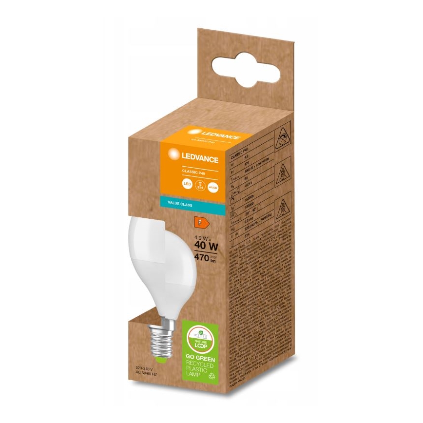 LED-Glühlampe aus recyceltem Kunststoff P45 E14/4,9W/230V 4000K - Ledvance