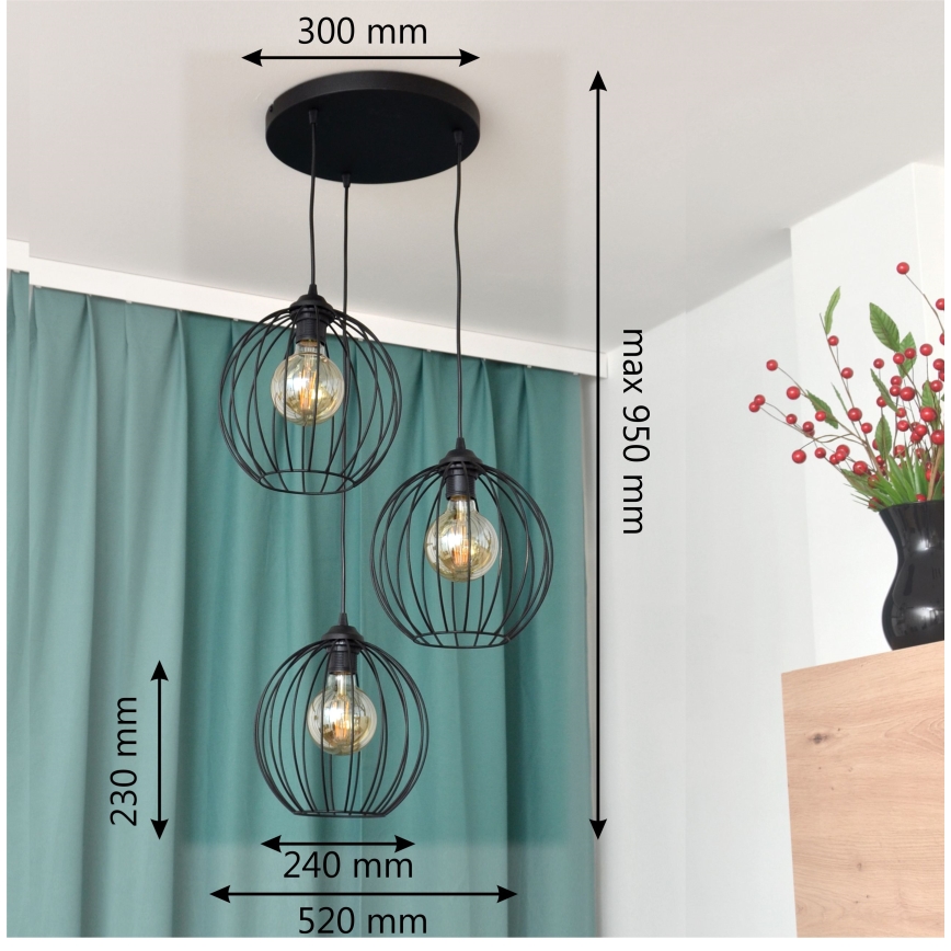 LED-Hängeleuchte an Schnur MERCURE 3xE27/15W/230V ø 50 cm schwarz