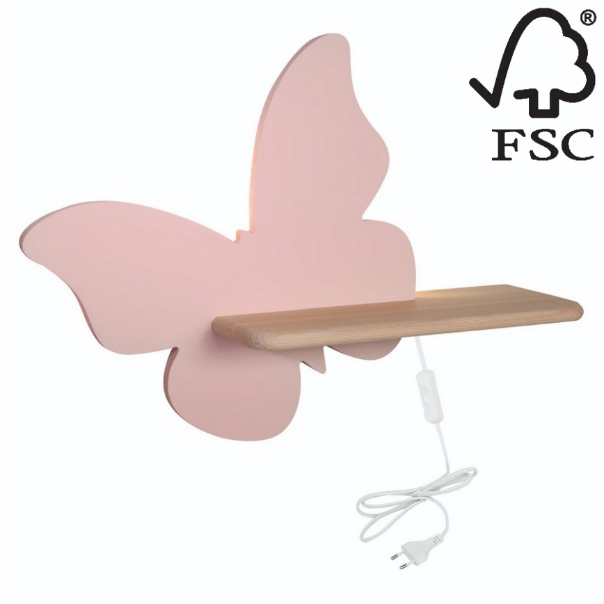 LED-Kinder-Wandleuchte mit Ablage BUTTERFLY LED/5W/230V rosa/Holz