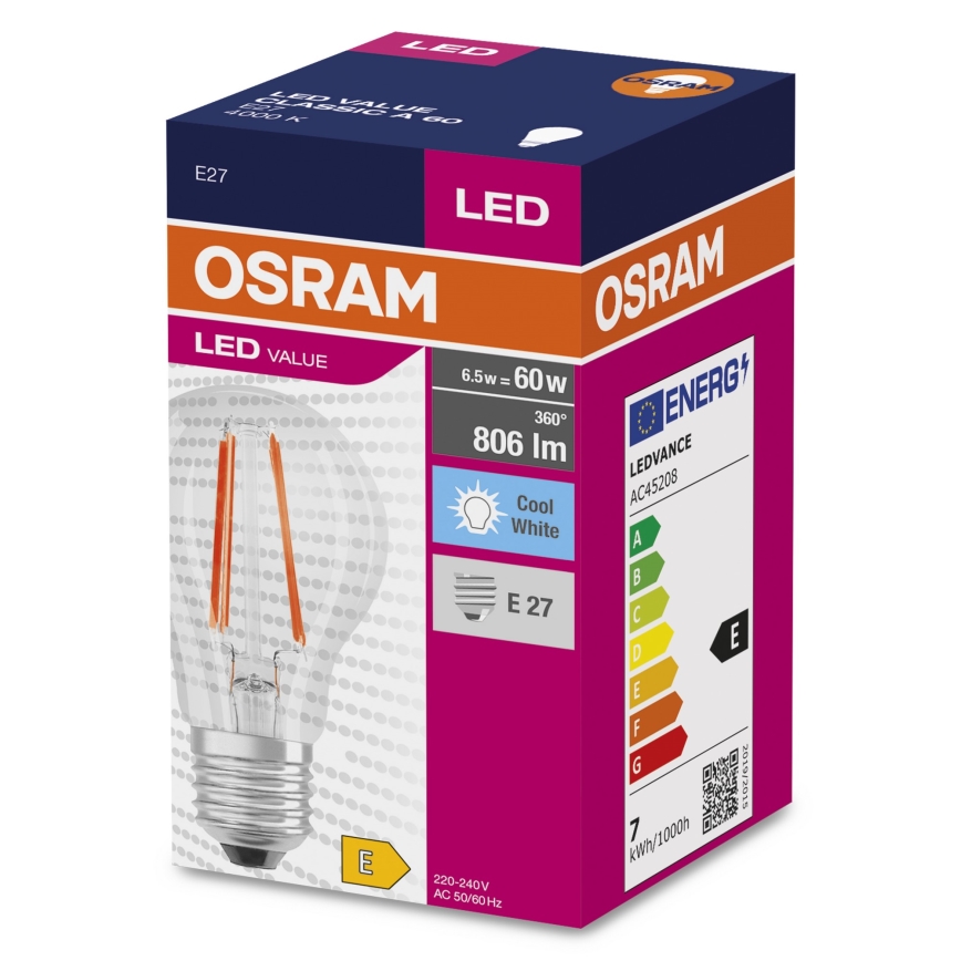 LED-Lampe FILAMENT A60 E27/6,5W/230V 4000K - Osram