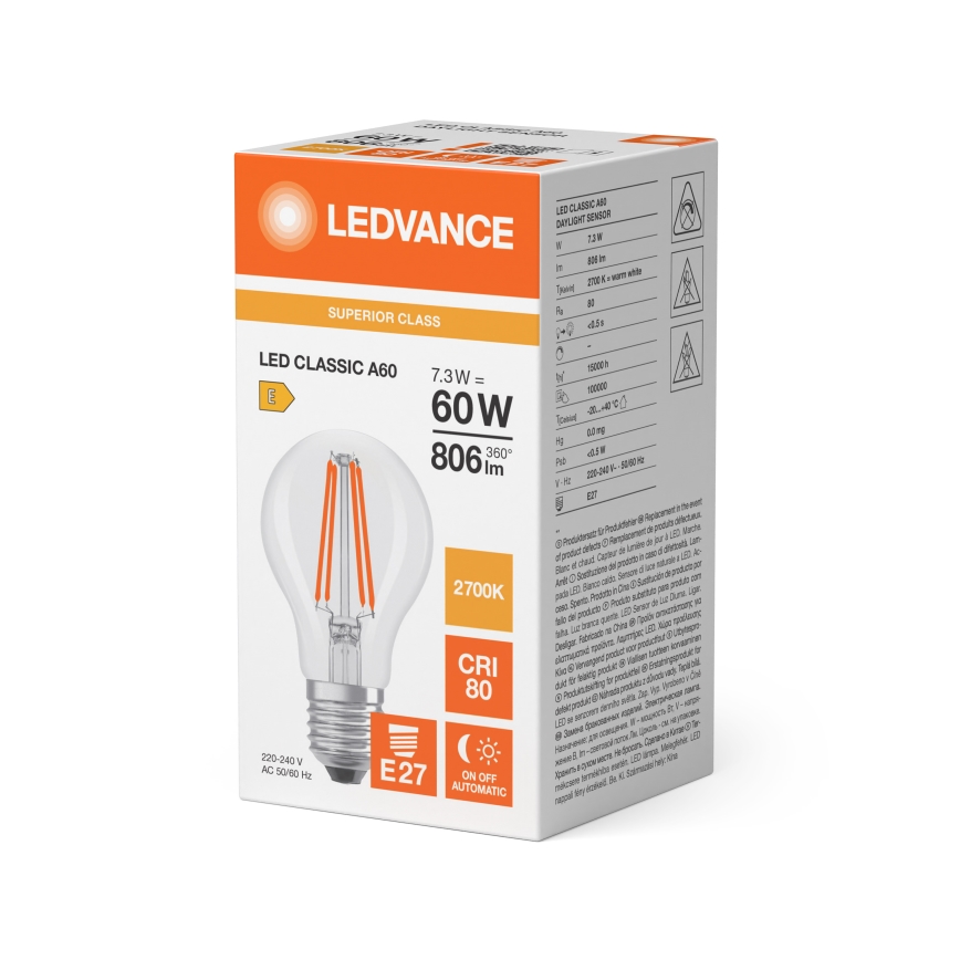 LED-Lampe mit Dämmerungssensor CLASSIC FILAMENT A60 E27/7,3W/230V 2700K - Osram