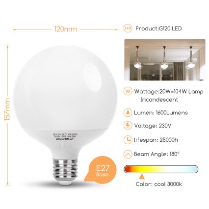 LED-Leuchtmittel G120 E27/20W/230V 3000K - Aigostar