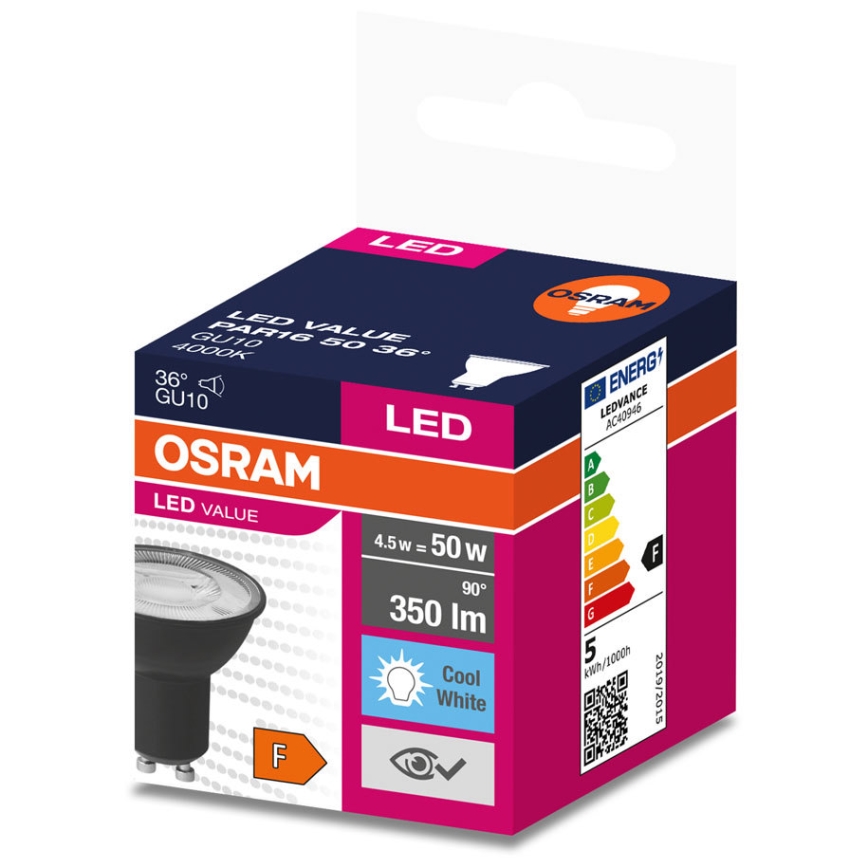 LED-Leuchtmittel VALUE PAR16 GU10/4,5W/230V 6500K 36° schwarz - Ledvance