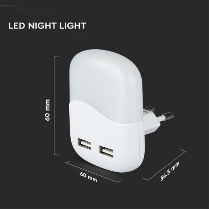 LED-Nachtlicht mit Dämmerungssensor für Steckdose 2x USB LED/0,45W/230V 4000K