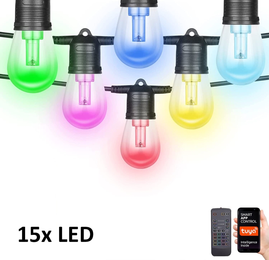 LED RGB + CCT Dimmbare Outdoor-Lichterkette GARLAND 15xLED/1W/230V 15m Wi-Fi Tuya IP65 + Fernbedienung