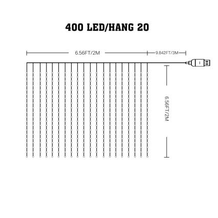 LED RGB dimmbarer Lichtervorhang WIZARD 400xLED/USB 2x2m + Fernbedienung