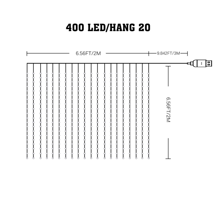 LED RGB dimmbarer Lichtervorhang WIZARD 400xLED/USB 2x2m + Fernbedienung