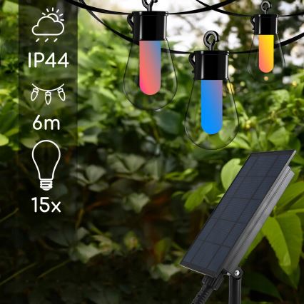 Solarbetriebene dimmbare RGB-LED-Lichterkette 15xLED/18 Funktionen USB 6 m IP44 schwarz + Fernbedienung