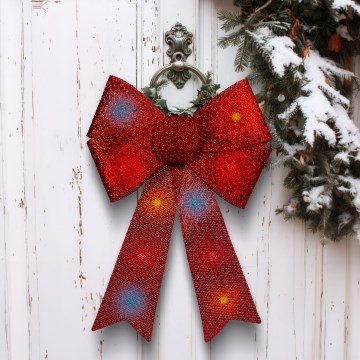 LED RGB Weihnachtsdekoration 11xLED/3xLR44 40x30 cm rote Schleife