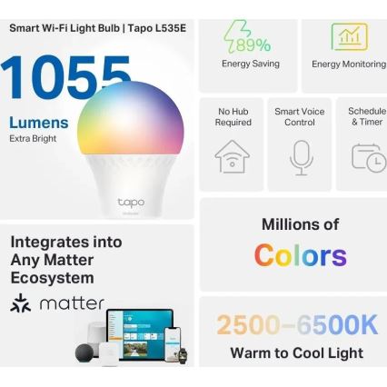 LED RGBW dimmbare Glühbirne MATTER A60 E27/8,6W/230V 2500-6500K Wi-Fi - TP-Link