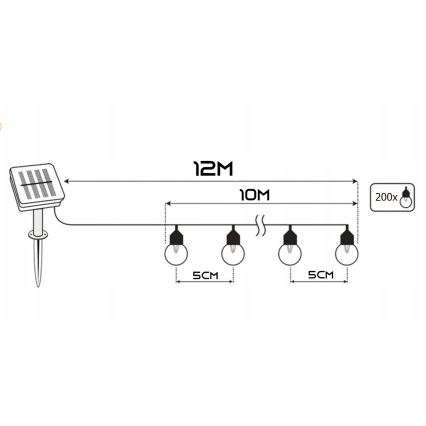LED Solar-Lichterkette, 200 LEDs, 1,2 V, 800 mAh, 12 m, IP44, schwarz