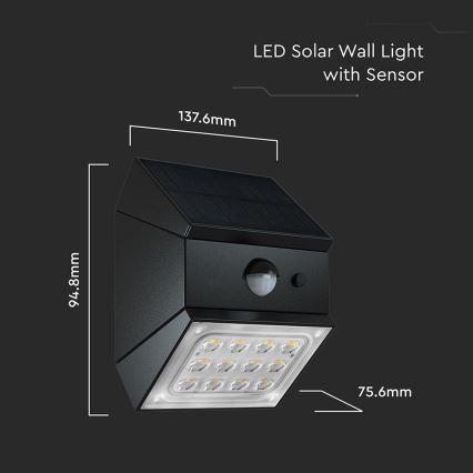LED-Solar-Wandleuchte mit Sensor LED/2,5W/3,7V 3000/4000/6000K IP65 1200 mAh schwarz