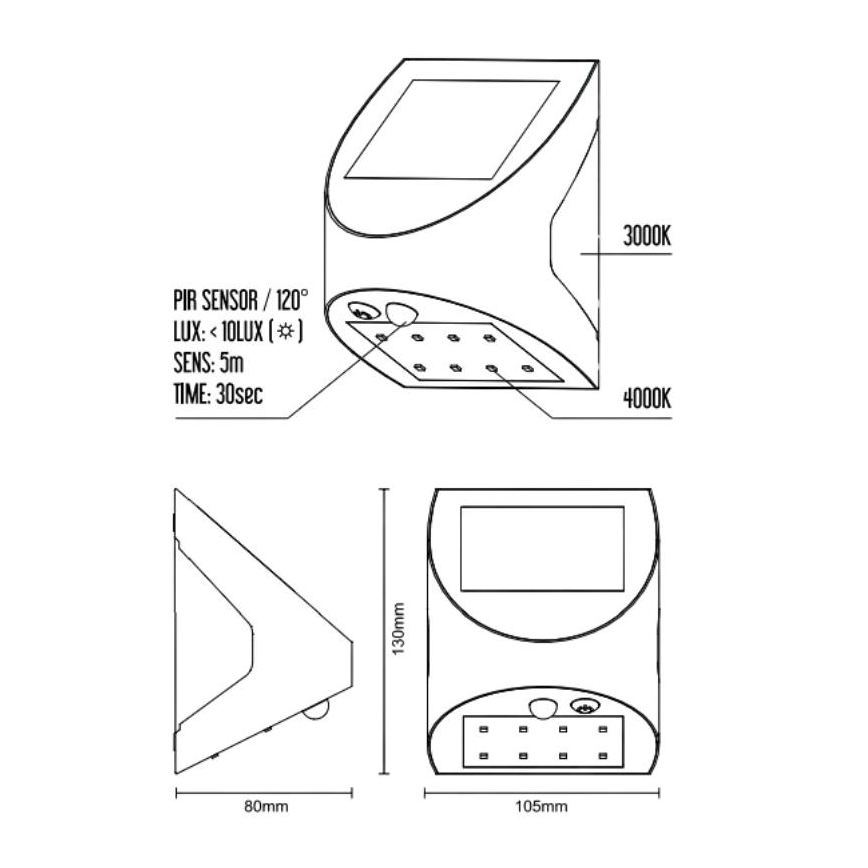 LED-Solar-Wandleuchte mit Sensor LED/3W/3,7V 3000/4000K 1200 mAh IP54 weiß