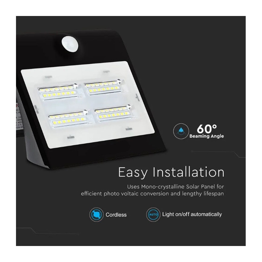 LED-Solar-Wandleuchte mit Sensor LED/3W/3,7V 3000/4000K IP65 schwarz